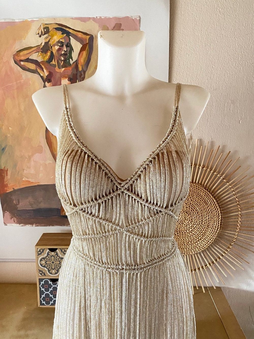 Custom Ivory Fringe V-Neck Dress with High Neck - Picture 4 of 9